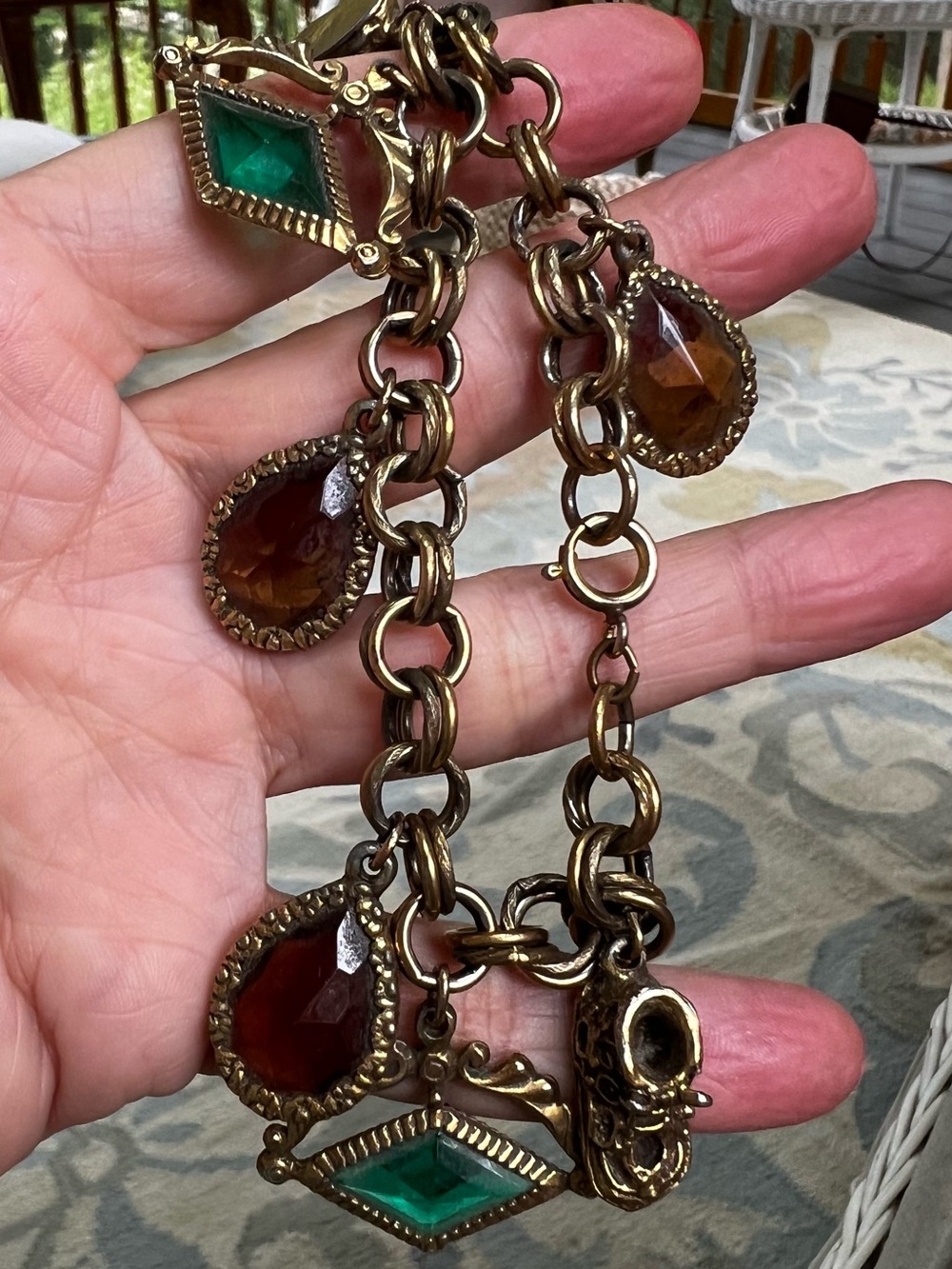 Vintage Renaissance Revival Charm Bracelet Amber Emerald Glass Ornate Shoe